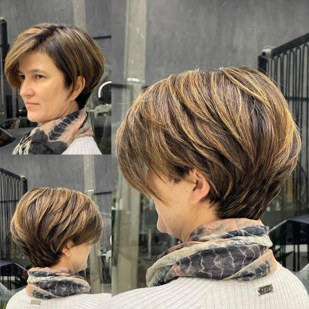 Thick Layered Pixie-Bob with Blonde Balayage